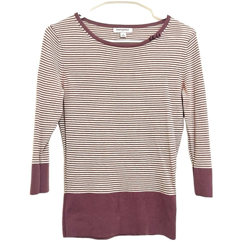 2/$30 Banana Republic - Purple White Striped Lightweight Sweater Top Bow Accent